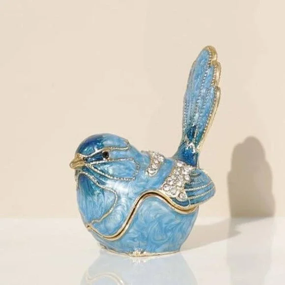 Blue Enameled Bird Trinket Box Rhinestone Hinged‎ Jewelry Pill Box Collectible