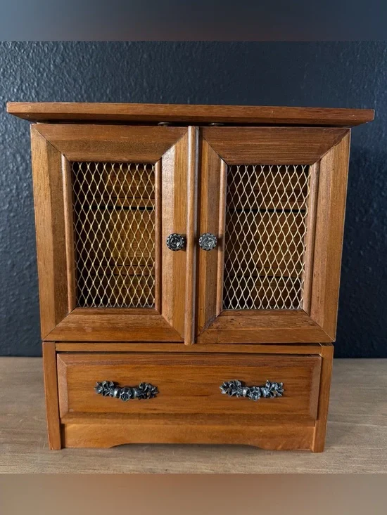 Vintage Y2K 80s 90s Wood Jewelry Armoire Music Box Whimsical Cottagecore Doll