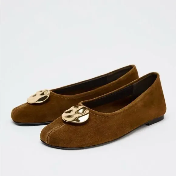 ZARA SUEDE gold buckle flats