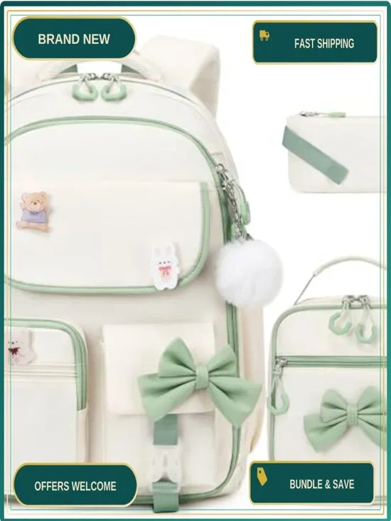 Girls Backpack Set with Lunch Bag and Pencil Case, Nylon, Waterproof, School