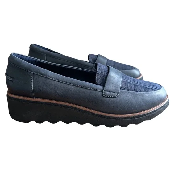 Clarks Collection Loafers Womens 10 Navy Blue Leather Wedge Platform Mixed Media