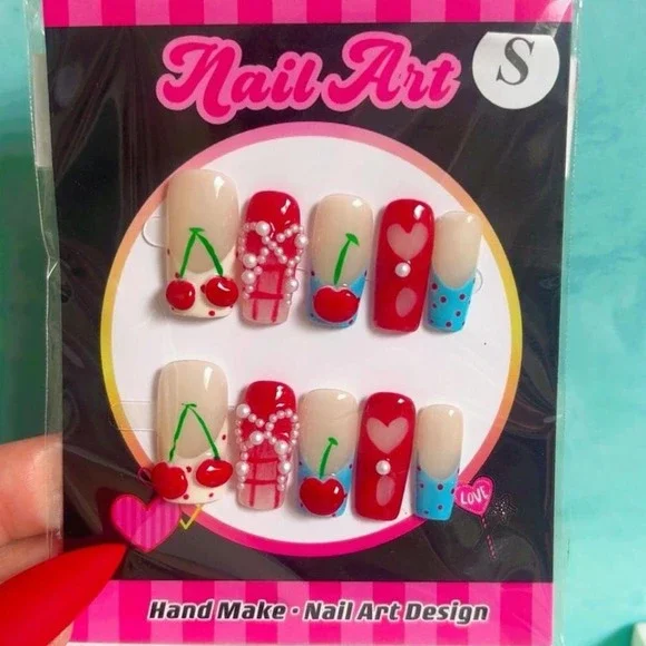 Y2K HANDMADE CUTE CHERRIES FAKE NAIL SET NEW SMALL‎