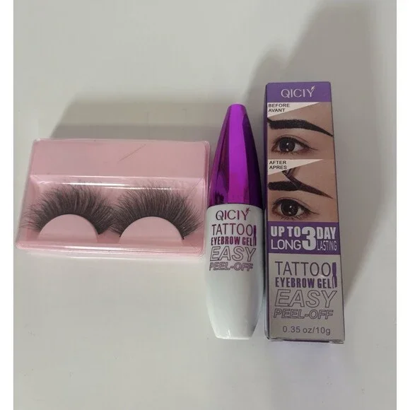 QICIY Tattoo Eyebrow Gel Peel-Off + False Eyelashes Beauty Set New