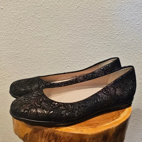SAS Scenic Black Floral Lace Metallic Ballet Flats Shoes Womens 11 M Made in USA