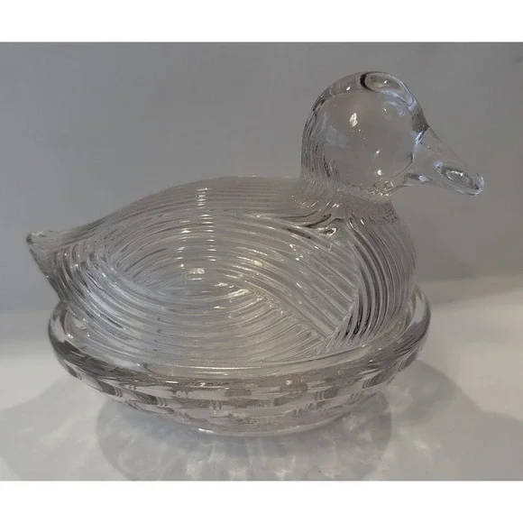 Light Pale Pink Glass Duck On Woven Basket Dish Trinket Candy Covered