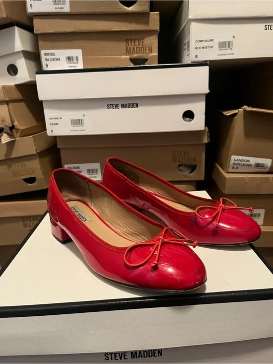 Steve Madden Red Patent Ballet Flats with Low Block Heel