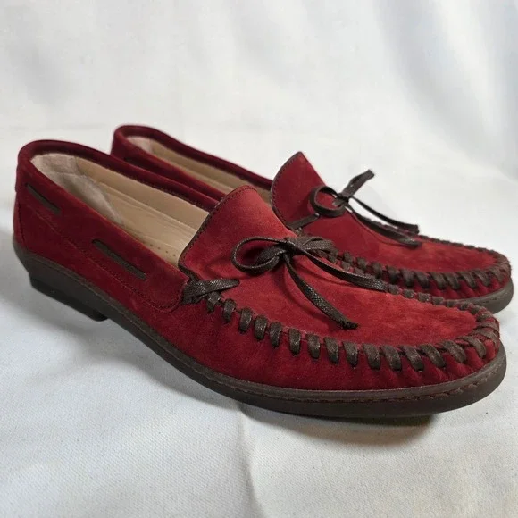 SALVATORE FERRAGAMO Womens 8AA Narrow Burgundy Suede Whipstitch Moccasin Loafers