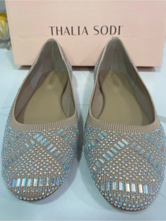 Thalia Sodi Champagne-Beige Crystal Embellished Flats