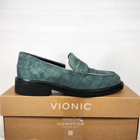 Vionic Caitlin Loafer Women Size 9.5 Scarab Croc Suede Orthotic Penny Loafers