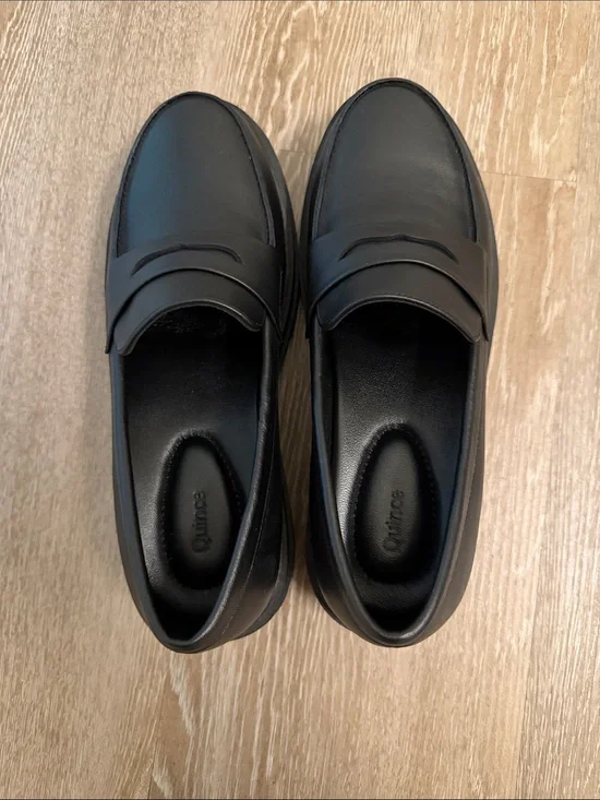 Quince Women’s Black Leather Penny Loafers - Smooth Slip-On Dress Shoes