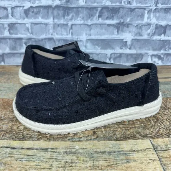 Hey Dude Wendy Sequin Lace Black Slip-on Shoes SAMPLE Womens Size 7 New