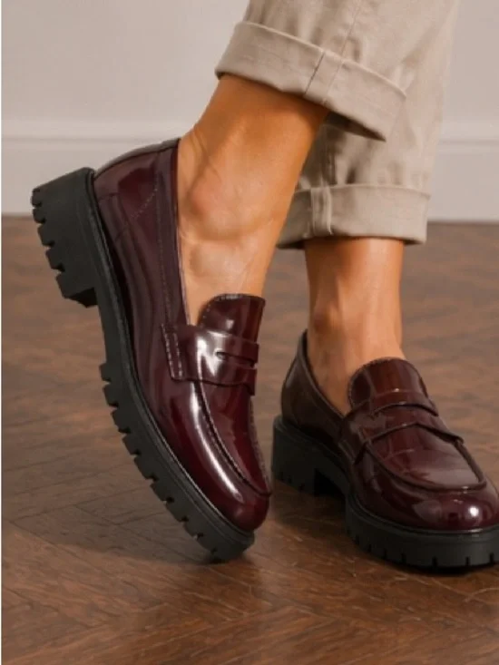 Women's Burgundy Patent Loafers with Lug Sole