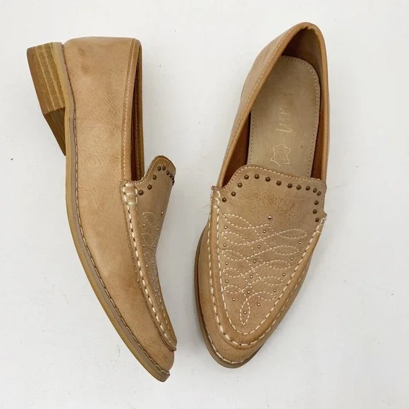 Mi.iM Studded Western Embroidered Leather Loafer Flat‎ Womens 6.5 Pointed Toe