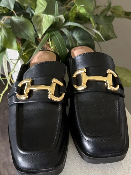 Time and Tru Black Leather Loafers with Gold Bit Detail