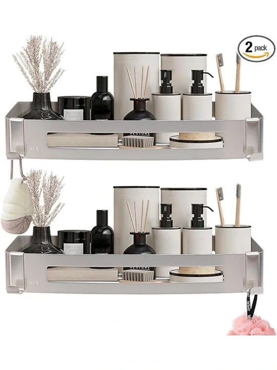 Stainless Steel Wall-Mounted Bathroom Shelf Organizer - Silver (2 Pack)