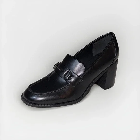 Marc Fisher Chunky Loafers Size 10M Black Faux Leather Block Heel 90s Inspired