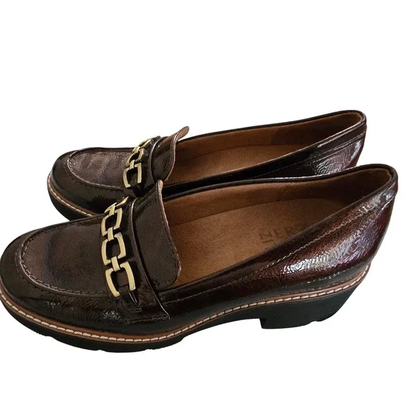 Naturalizer Brown Patent Loafers Womens 6 Gold Chain Link Slip On Flats Preppy