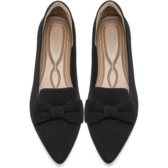 Women Black Pointed Toe Dressy Comfortable Knit Breathable Mesh Ballet Flats