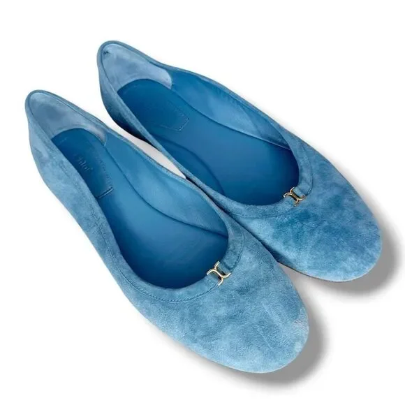 Chloé Marcie Blue Suede Ballerina Flats Small Gold Logo Women’s Size 36.5 (US 6)