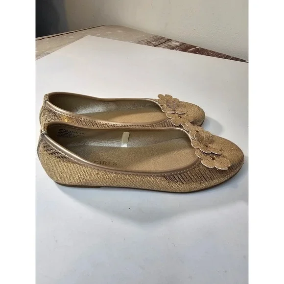 BCBG Girls Tillie Gold Glitter Floral Ballet Flats Round Toe Slip On Shoes 3M
