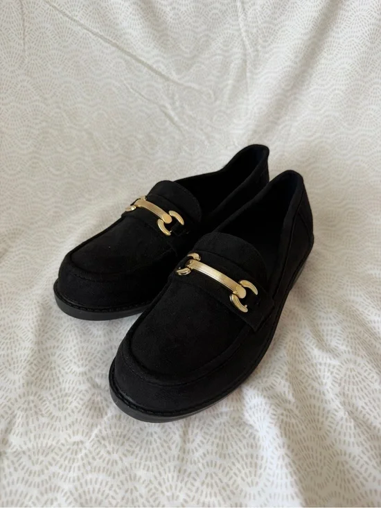 Black Suede Loafers with Gold Bit Accent