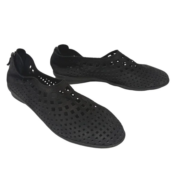 Arche Black Leather Perforated Laser Cut Back Zip Flats Shoes Size 41