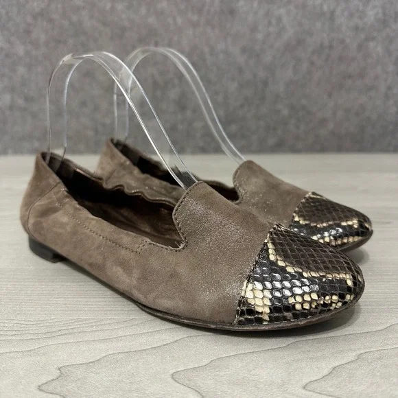 AGL‎ Ballet Flats Women Sz 36 US 6 Brown  Snakeskin Cap Toe Shimmer Loafers