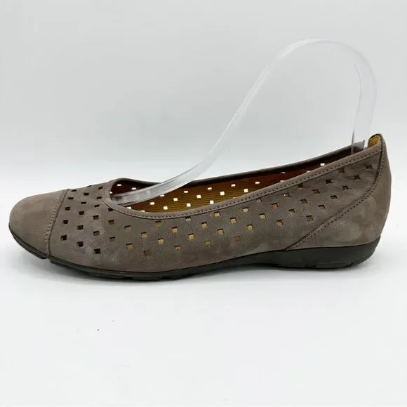 Gabor Hovercraft‎ Ruffle Nubuck Taupe Brown Perforated Comfort Ballet Flat Sz 6
