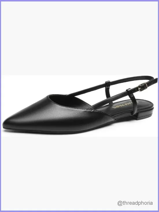 Pointed Toe Slingback Flats with Buckle Strap Lightweight Low Heel Office Work