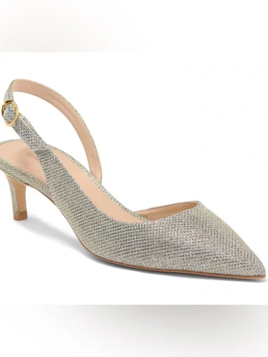 Stuart Weitzman Silver Glitter Slingback Pointed Toe Kitten Heel | Size 7