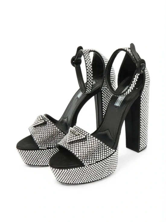 Prada Black Crystal-Studded Ankle-Strap Heels