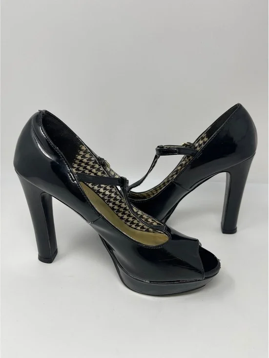 Christian Siriano Black Patent T-Strap Peep Toe Platform High Heels Pumps 6.5