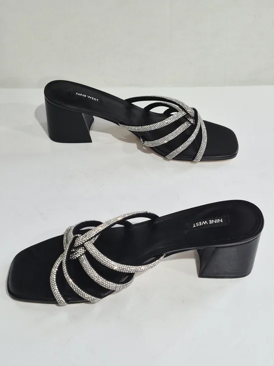 Nine West Black Heeled Slide Sandals with Silver Crystal Straps Size 12