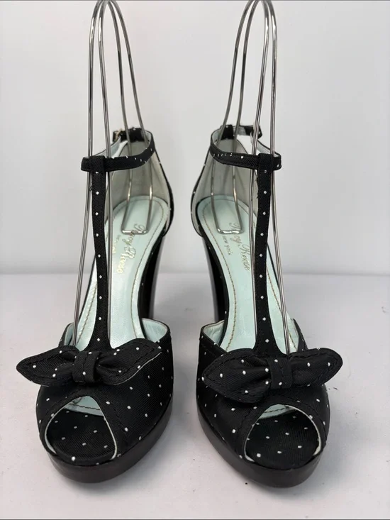 🥿 Tracy Reese Polka Dot fabric T-Strap Block Heel Pumps - Black