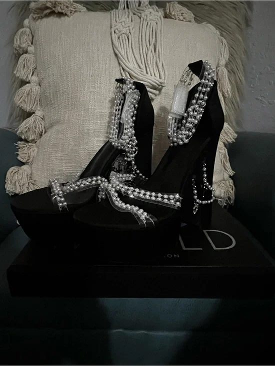 Black Pearl-Embellished Platform Heels