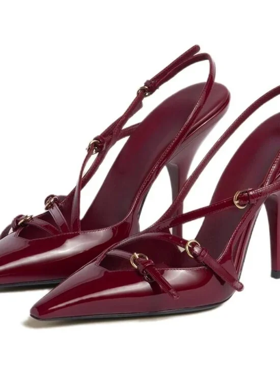 Women's Burgundy High Slingback Kitten Pointed Closed Pumps Low Heels Shoes