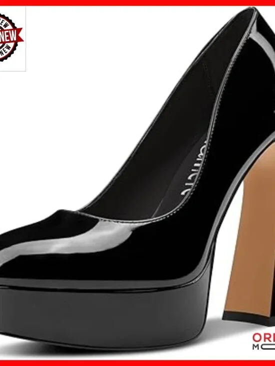 Chunky Block Heel Pumps 5.5 Inch Platform Round Toe Slip-on