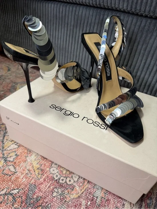 Sergio Rossi Black Spiral Strap Stiletto Sandals Silver Sequins