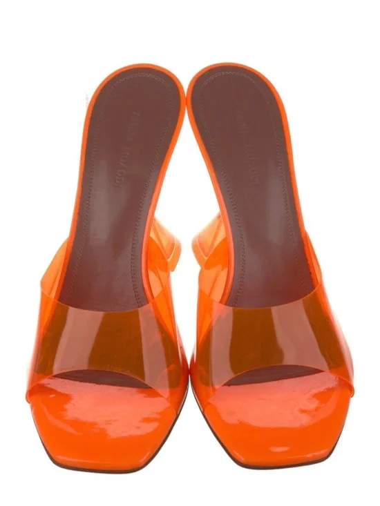 Amina Muaddi Orange Clear Strap Slide Heels