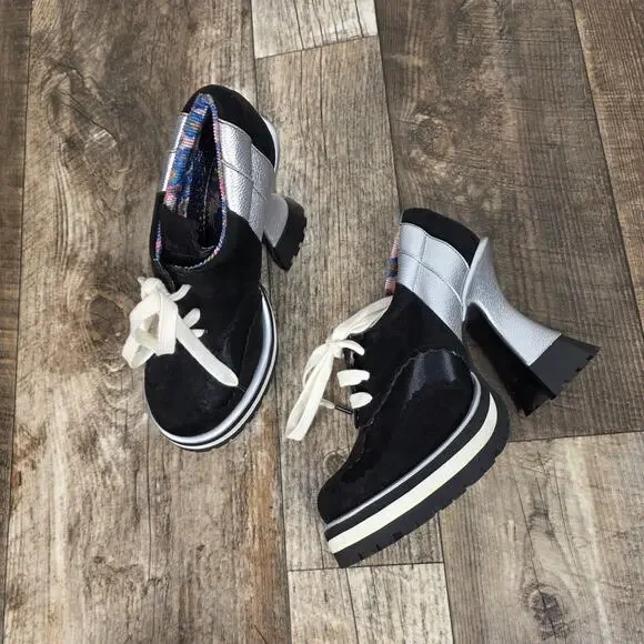 Irregular Choice Winner Takes It All Platform Heels Black Silver Lace Up 38