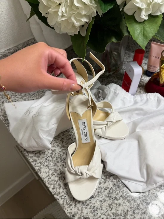 Jimmy Choo Cream Knotted Leather Ankle-Strap Heels