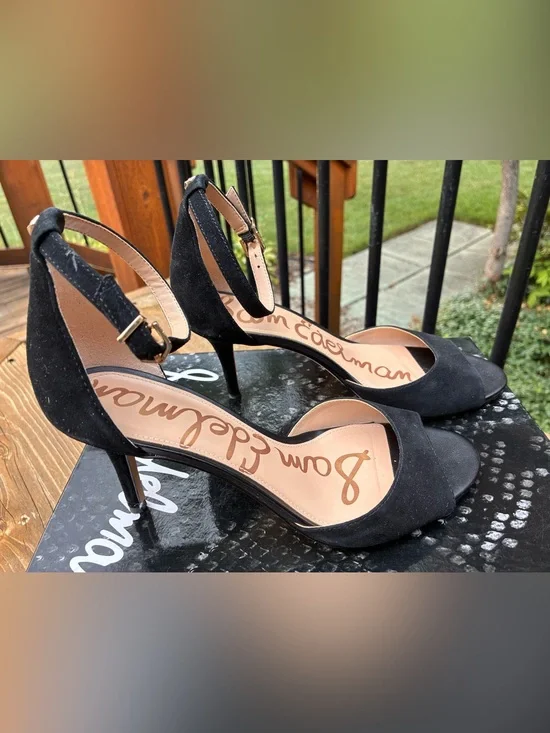 Sam Edelman Black Suede Porchia Open-Toe Ankle-Strap Heels size 7.5