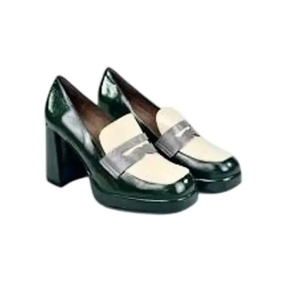 NWT Wonders Spain Forest Green Block Heel Shiny Leather Penny Loafers Pumps