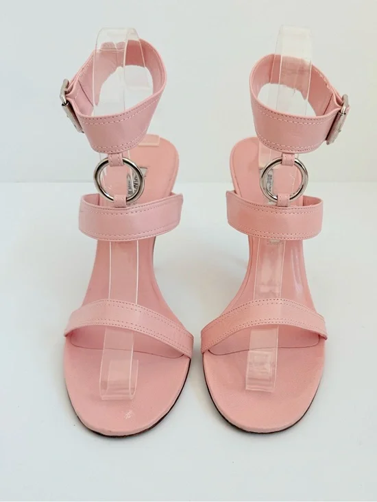 Vintage Y2K Manolo Blahnik Pink Leather O-Ring Ankle Strap Heels 38