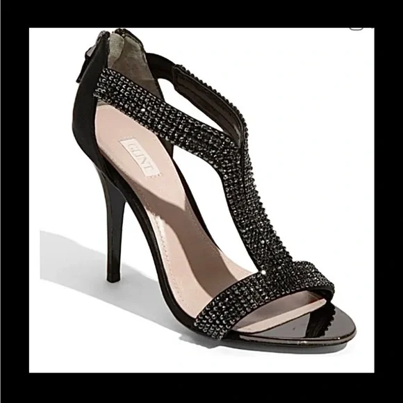 Glint Nordstrom Devyn T-Strap Stiletto Sandals Black with Rhinestones