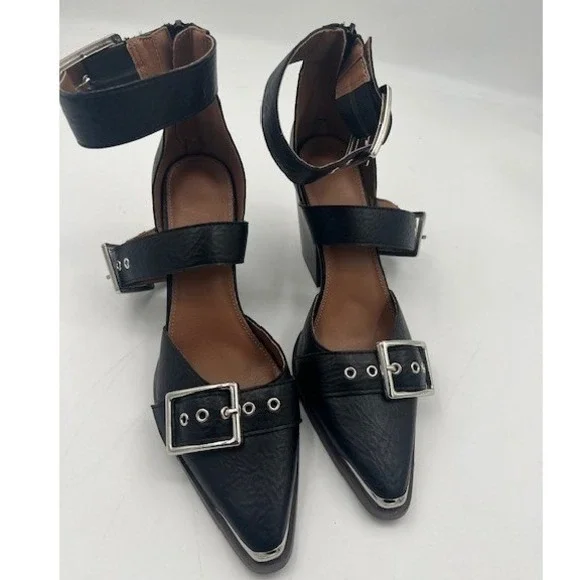 Hendrix Metal Pointed Metal Toe Buckle Block Heel Pumps Women 10 Black Edgy