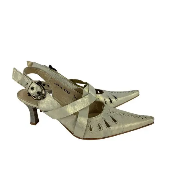 NEW Fidji Gold Metallic Leather Point Toe Kitten Heels