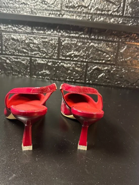 Classic Red Patent Slingback Heels | Pointed Toe | Kitten Heel