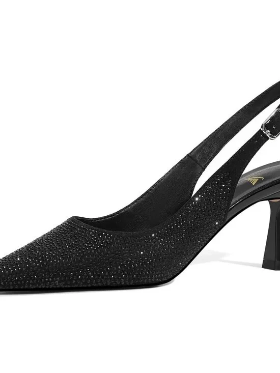 Women's Black Kitten Slingback Low Heels Dress Shoes Closed Toe Pumps