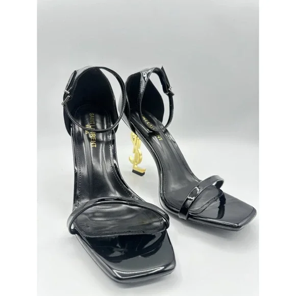 YSL Yves Saint Laurent Black Patent Ankle Strap Sandals Gold Logo Heel Size
